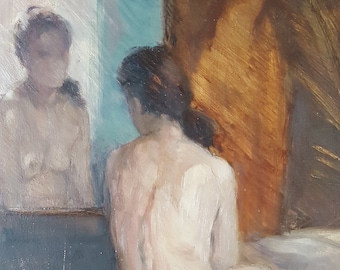 Ancien Tableau "Jeune Femme Nue au Miroir" Peinture Huile Panneau