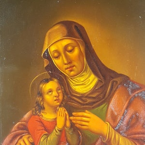 Antique Painting &quot;Saint Anne and Mary in Prayer&quot; Oil Panel Original Old