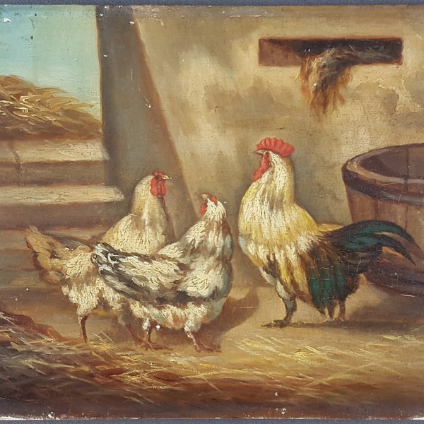 Ancien Tableau "Poules et Coq" Peinture Huile Panneau