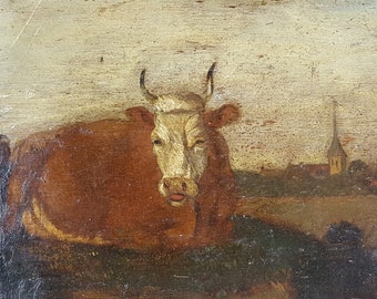 Antique Painting "Cow in the Meadow" Oil Panel Original Old Vintage