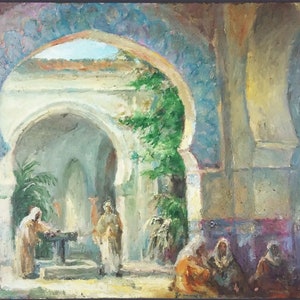 Pintura antigua "Patio Oriental" Óleo sobre tabla Original Antiguo