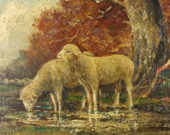 Antique Painting "Shepherd and Sheep" Oil Canvas Original Old