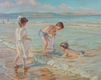 Antique Painting "Children at the Beach" Oil Panel Original Old