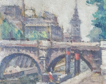 Antique Painting "The Pont Neuf in Paris" Oil Canvas Original Old