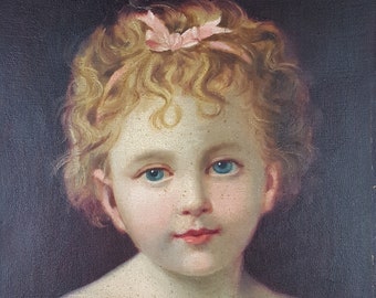 Dipinto antico "Bambina con nastro rosa" Tela ad olio Ritratto originale