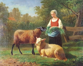 Antique Painting "Shepherdess and her Sheep" Oil Canvas Original Old Vintage