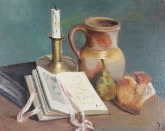 Antique Painting "Still Life with Book" Oil Canvas 1894 Original Old