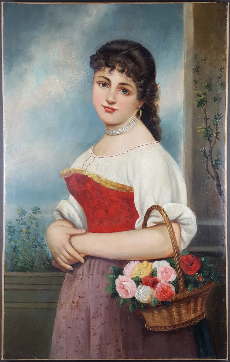 Antique Painting Young Woman with Basket of Roses Oil Canvas Original Old image 1