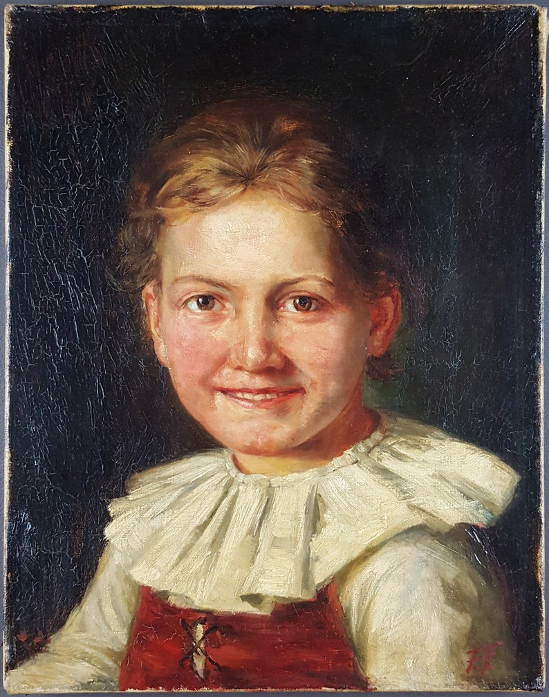 Antique Painting Friedrich Fehr German, 1862-1927 Oil Canvas Original Old Young Girl Portrait image 1