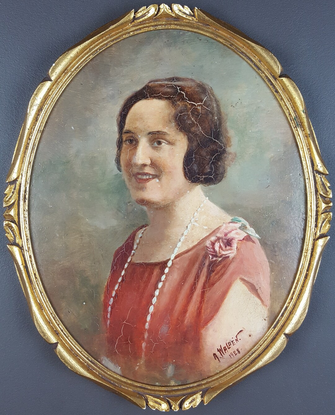 Antique Painting "portrait of a Woman With a White Necklace" Oil Panel ...