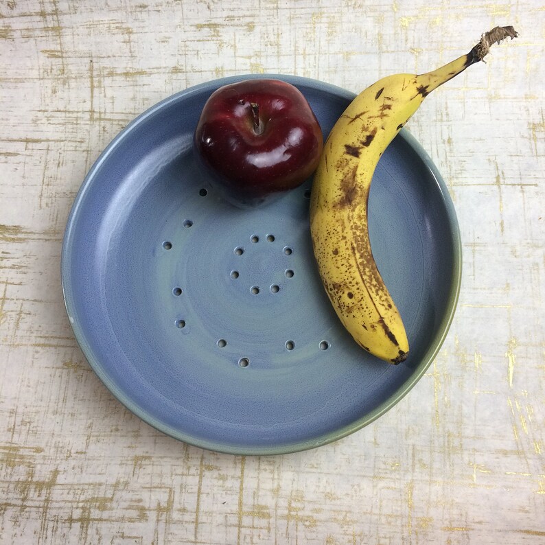 fruit bowl plate ceramic colander blue green crackle handmade one of a kind pottery gift celadon plate bowl fruit veggie colander strainer