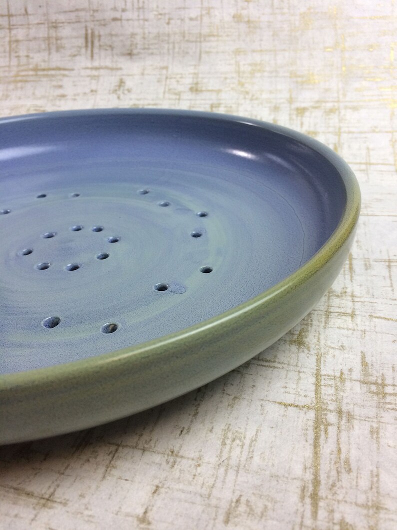 fruit bowl plate ceramic colander blue green crackle handmade one of a kind pottery gift celadon plate bowl fruit veggie colander strainer