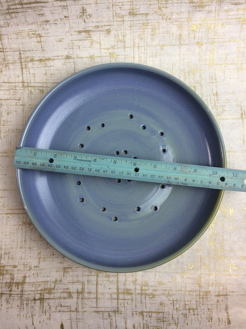 fruit bowl plate ceramic colander blue green crackle handmade one of a kind pottery gift celadon plate bowl fruit veggie colander strainer