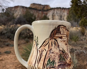 Great white throne Zion National park desert mug  - hand carved and thrown pottery  one of a kind handmade mug