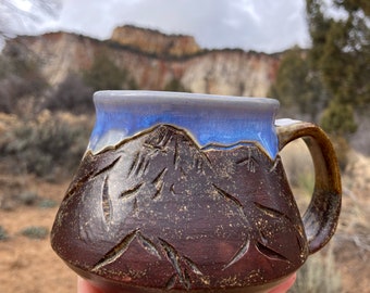 Mountain mug  - hand carved and thrown pottery  one of a kind handmade mug