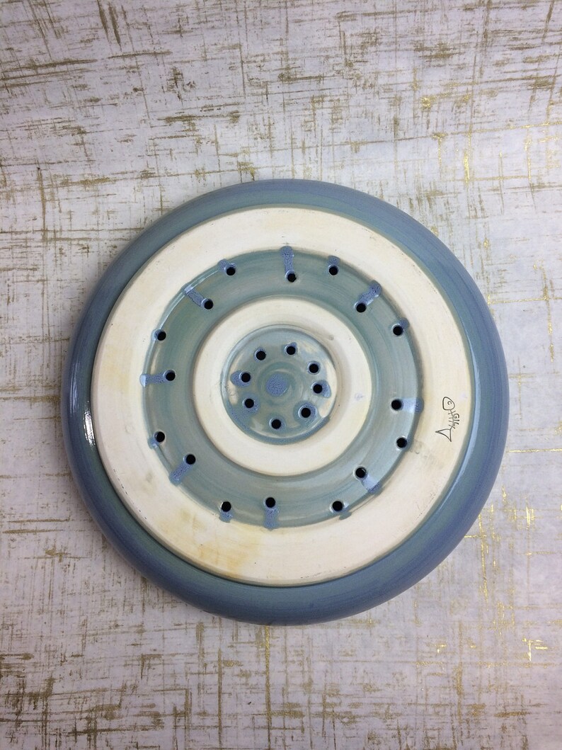 fruit bowl plate ceramic colander blue green crackle handmade one of a kind pottery gift celadon plate bowl fruit veggie colander strainer