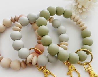 Porte-clés avec bracelet en perles de silicone : porte-clés avec bracelet ocre, cadeau pour enseignant, cadeau pour maman.