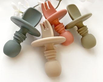 Spoon + Fork Silicone Utensils | Training Utensils | Baby Led Weaning | Baby Shower Gift | Feeding Training Utensils