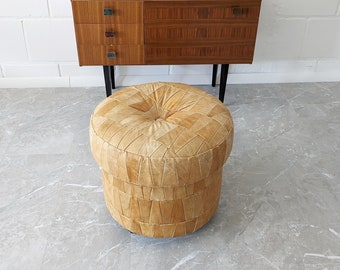 Vintage leather stool, patchwork leather pouf, ottoman with shelf, footstool with wheels