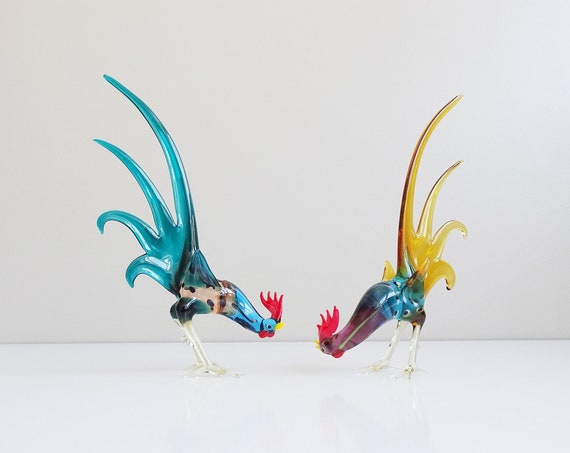 two large Lauscha glass roosters, vintage glass animals