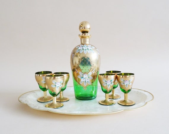Czech glass liqueur set with mussel tray, green boho glass gold-plated