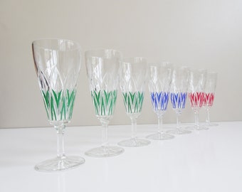 Gläser Set von VMC Reims France - Sektgläser mit Rautenschliff - bunte Harlekin Gläser