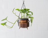 Flower lamp plant pot made of copper and brass with graphic pattern, metal planter