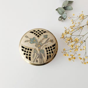 Vintage brass tin, openwork tin, enamel decor tin, room freshener brass, decorative fragrance tin, round lidded tin