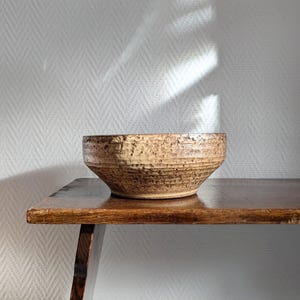 Può includere: Una ciotola in ceramica marrone con una superficie testurizzata si trova su un tavolo di legno. La ciotola ha un bordo largo e un fondo arrotondato.