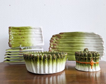 Vintage asparagus dishes, majolica ceramic dinnerware, Italian service