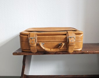 small suitcase, vintage travel suitcase, light brown imitation leather suitcase