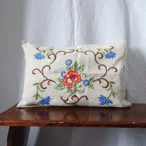 housse de coussin en lin brodé, housse de coussin vintage