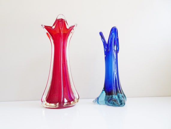 Murano glass vases blue and red, Sommerso glass vases