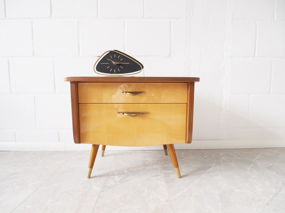 Bedside table with drawer and folding compartment, small Mid Century chest of drawers