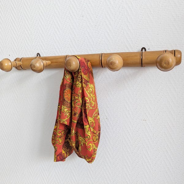 Porte-manteau mural vintage en bois imitation bambou – tringle à crochets avec 5 boutons – Meuble d'entrée style bohème milieu du siècle, naturel