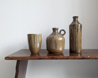 Ceramic Vase Set Italy 1960s/70s – 3-piece vintage trio in natural tones – hand-painted ceramic