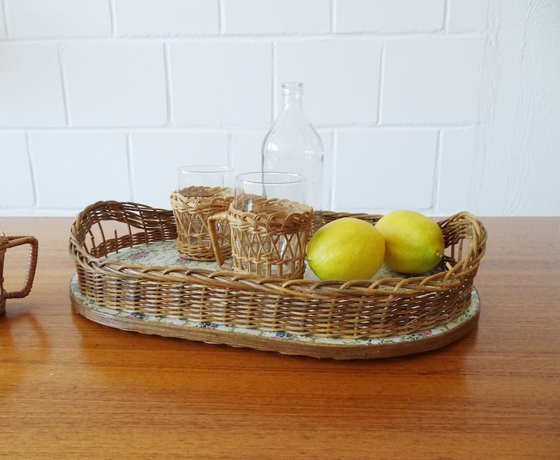 Tray with Handles Rattan Serving Tray with Floral Pattern
