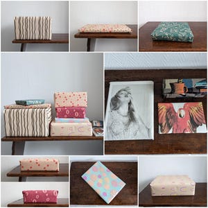 May include: A collection of wrapped gifts with various patterns and colors, including hearts, stripes, and geometric designs. The gifts are arranged on wooden shelves and tables.