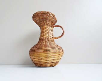 Vase aus Rattan mit Glaseinsatz, Boho Vintage, handgeflochtene Rattan Deko