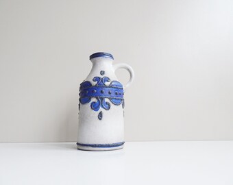 Vintage Keramik Vase, VEB Haldensleben, graue Vase mit blauem Dekor