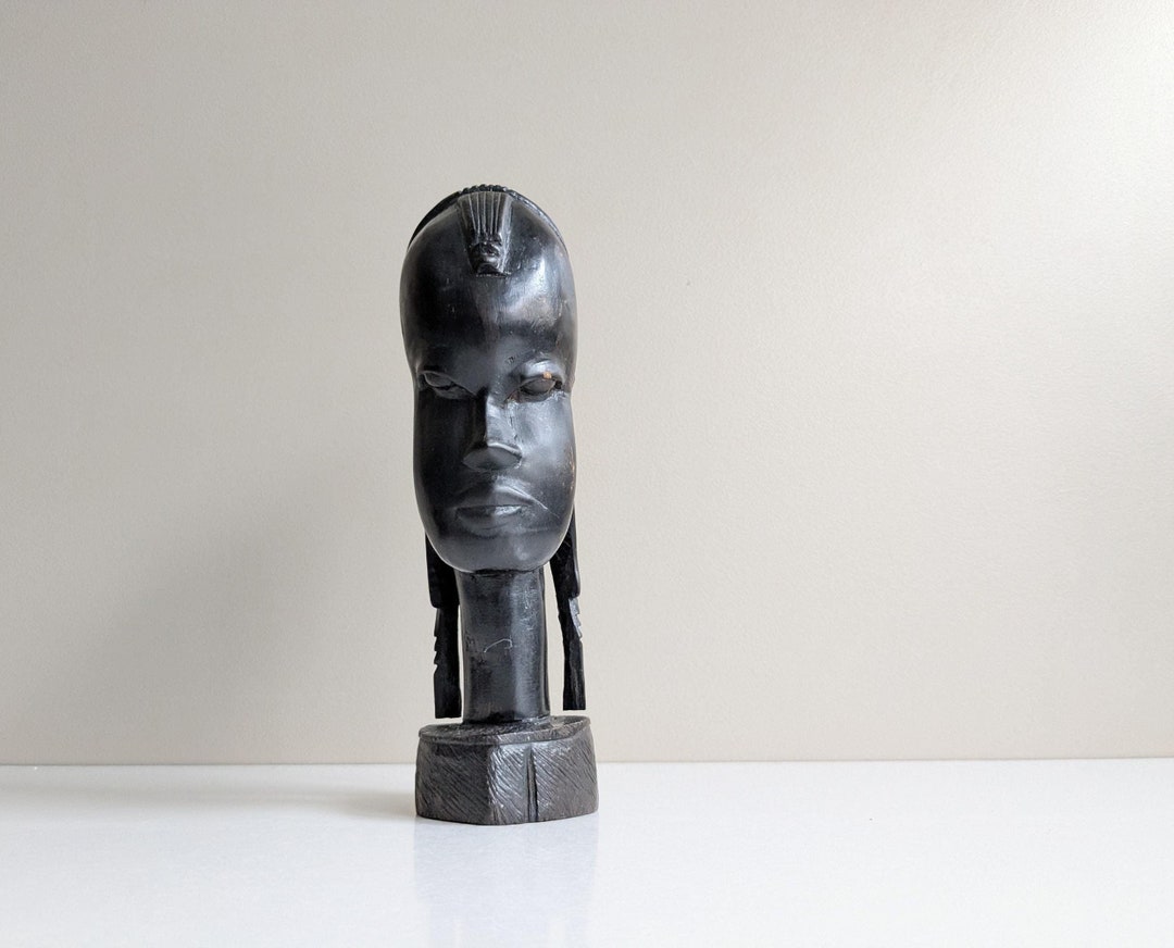 Sculpture Buste Femme Africaine En Bois Vintage - Fait Main, 17 Cm, Couleur Noir, Décoration Ethnique