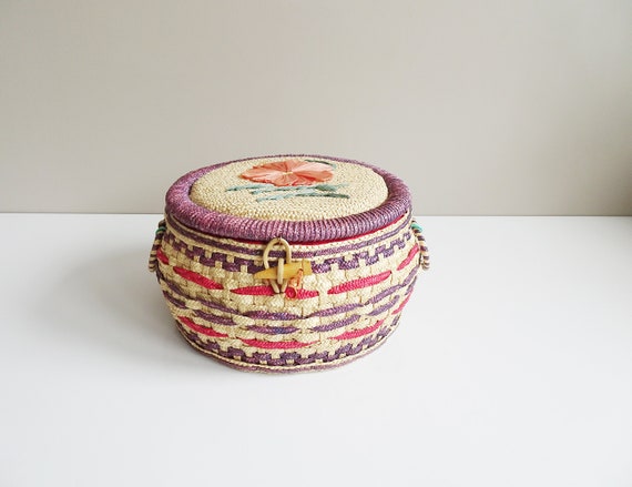 woven straw and raffia sewing basket, storage box with hinged lid