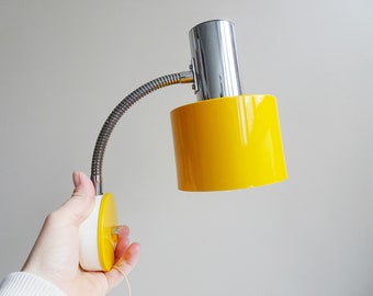 yellow wall lamp with gooseneck - wall lamp with plug and pull switch - mid century lighting