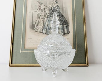 Crystal glass bowl with lid, cut glass jar, vintage glass