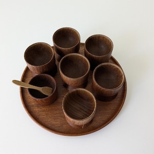 Eierbecher mit Tablett und Salzbehälter, Teakholz Eierbecher, Vintage Frühstücksgeschirr