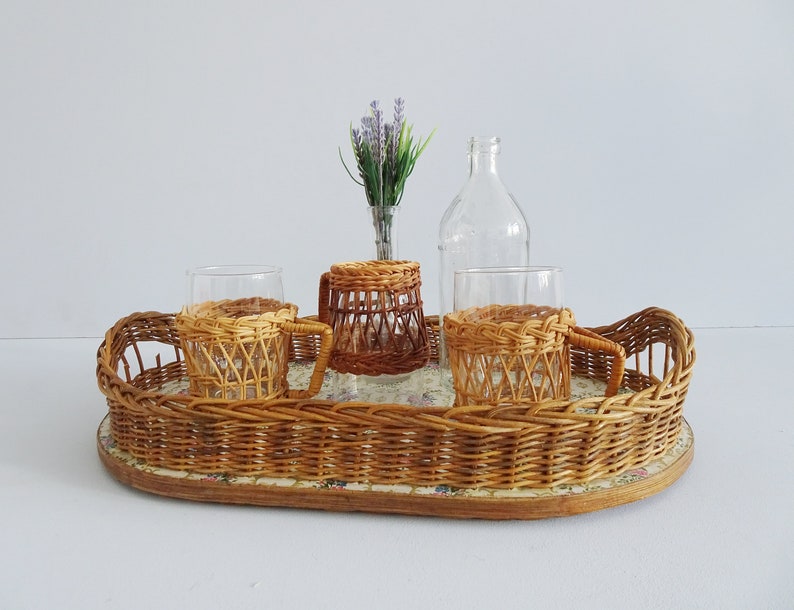 Tray with Handles Rattan Serving Tray with Floral Pattern