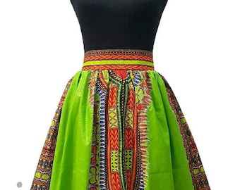 Lemon Green Dashiki Midi Skirt, African Print