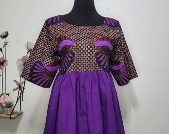 Patchwork top, plain purple and African print top