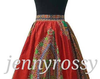 Red Dashiki Midi Skirt: African Print High Waist Clothing