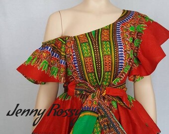 African clothing,African peplum top, Red dashiki Top, Off shoulder top